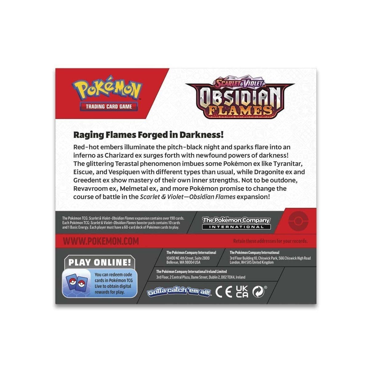 Pokémon TCG Obsidian Flames booster box, a sealed Pokémon booster display, packaging shown in closer detail