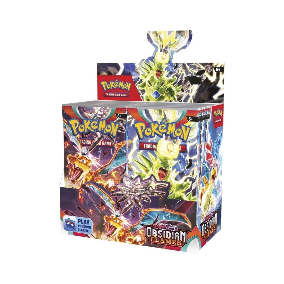 Pokémon TCG Obsidian Flames booster box, a sealed Pokémon booster display, shown front-on
