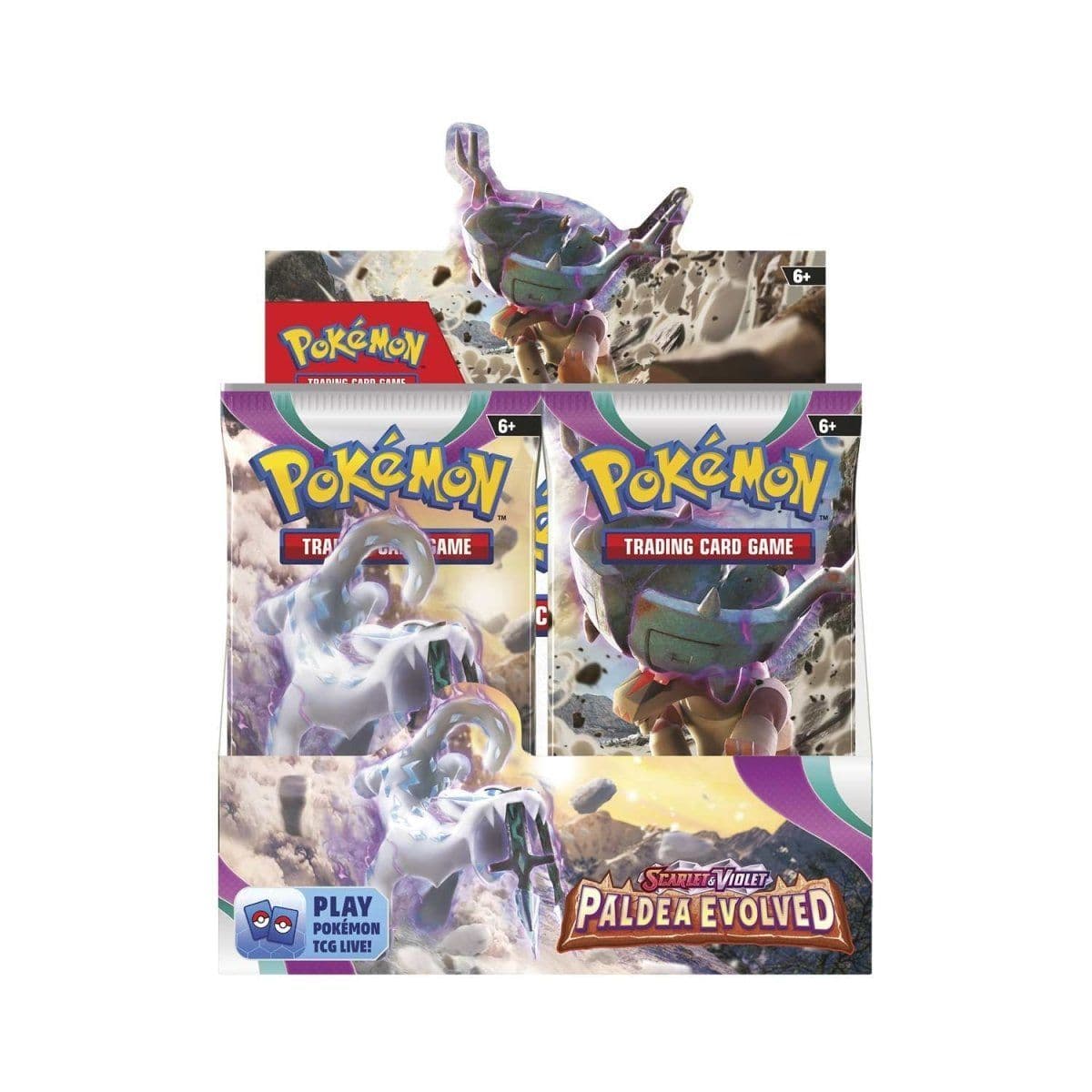 Paldea Evolved booster box from the Pokémon TCG shown from an alternate view
