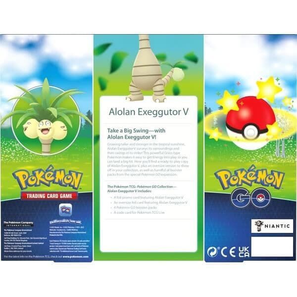 Pokémon TCG Pokémon GO Alolan Exeggutor V collection box, a sealed Pokémon set, pictured from an alternate angle