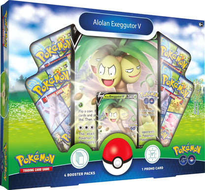 Pokémon TCG Pokémon GO Alolan Exeggutor V collection box, a sealed Pokémon set, shown front-on