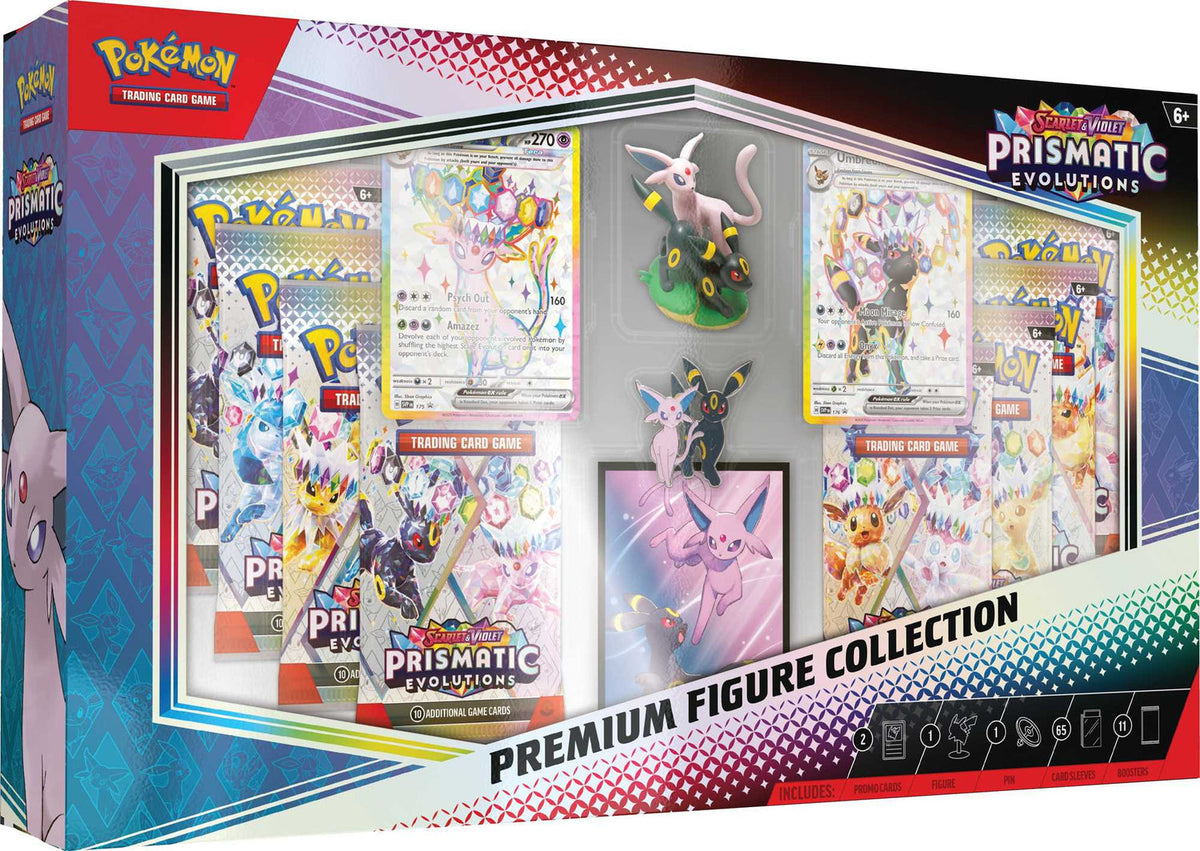 Pokémon TCG Prismatic Evolutions Premium Figure Collection box, front-on view