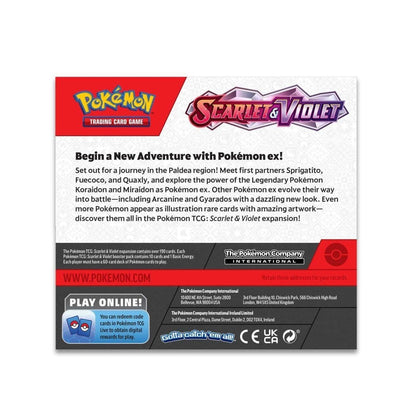 Pokémon Scarlet & Violet booster box shown with sealed booster packs