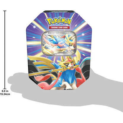 Pokémon TCG Slashing Legends Zacian ex tin shown from a further angle