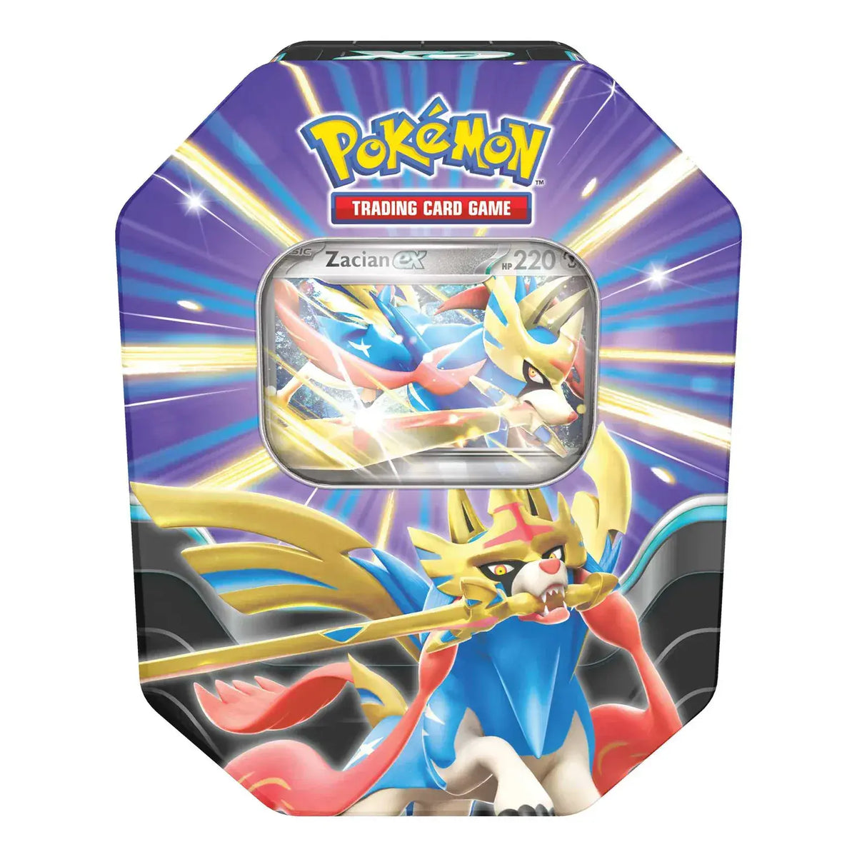 Pokémon TCG Slashing Legends tin featuring Zacian ex, shown front-on and sealed
