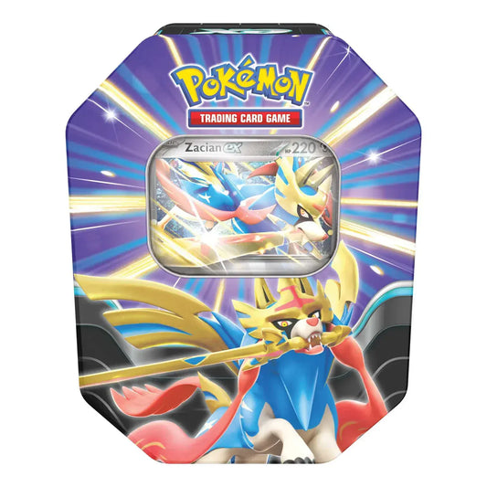 Pokémon TCG Slashing Legends tin featuring Zacian ex, shown front-on and sealed