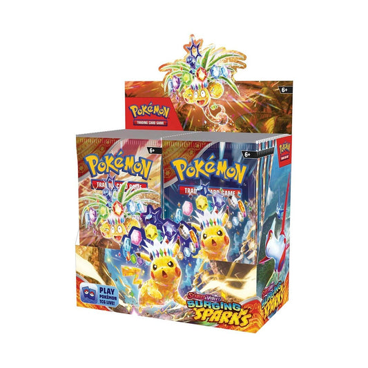 Pokémon TCG Surging Sparks booster box with 36 sealed packs, shown front-on