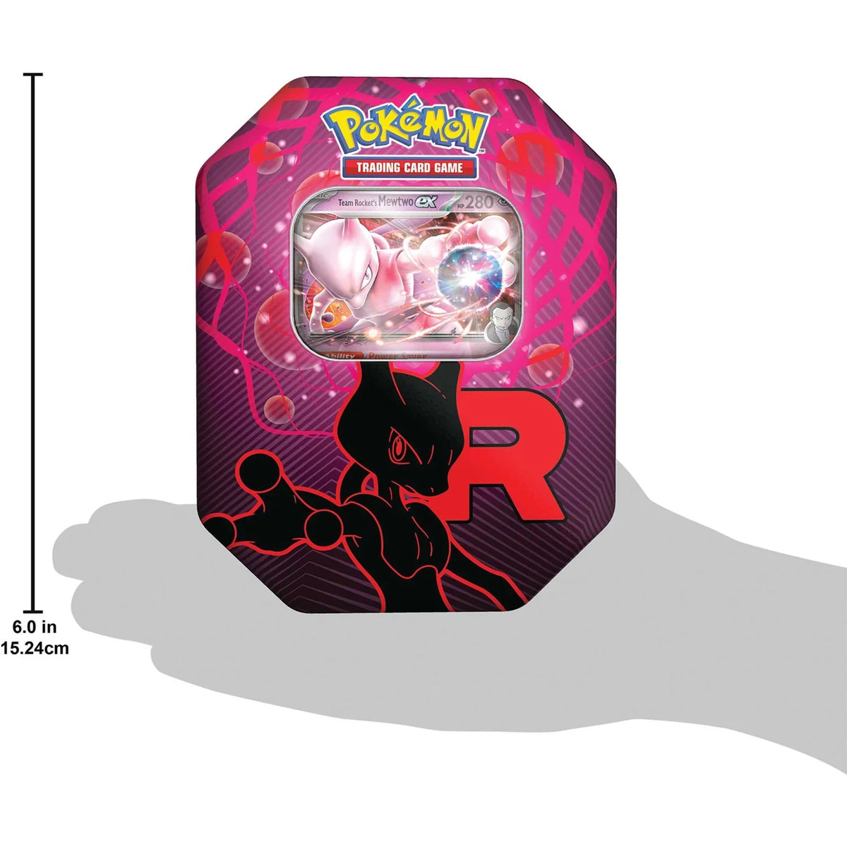 Alternative view of the Pokémon TCG Team Rocket collector tin and its artwork
