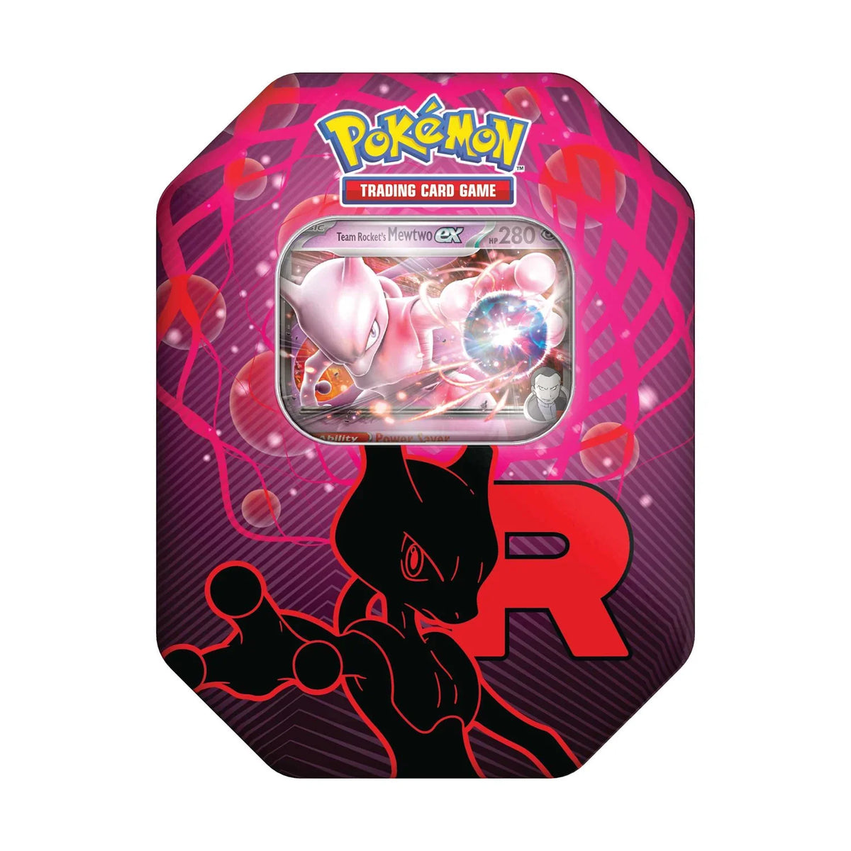 Pokémon TCG Team Rocket Tin viewed from a second angle showing the lid design