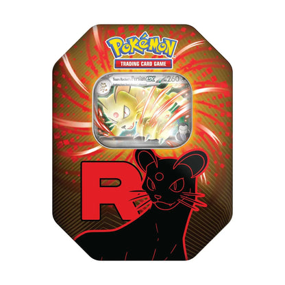 Rear of the Pokémon TCG Team Rocket Tin showing product information