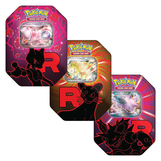 Pokémon TCG Team Rocket Tin shown front-on with Team Rocket artwork on the collector tin