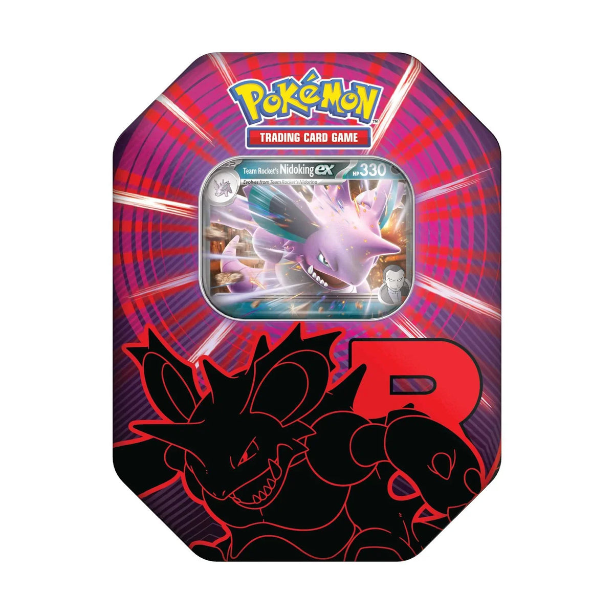 Side view of the Pokémon TCG Team Rocket collector tin showing the tin sides