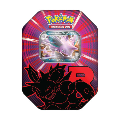 Side view of the Pokémon TCG Team Rocket collector tin showing the tin sides