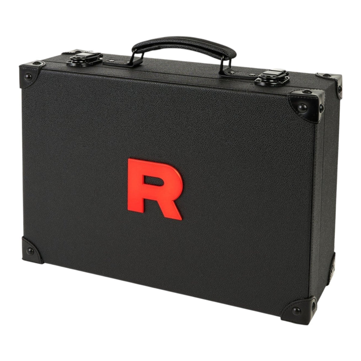 Team Rocket's Grand Scheme black faux-leather briefcase with a red R logo, closed