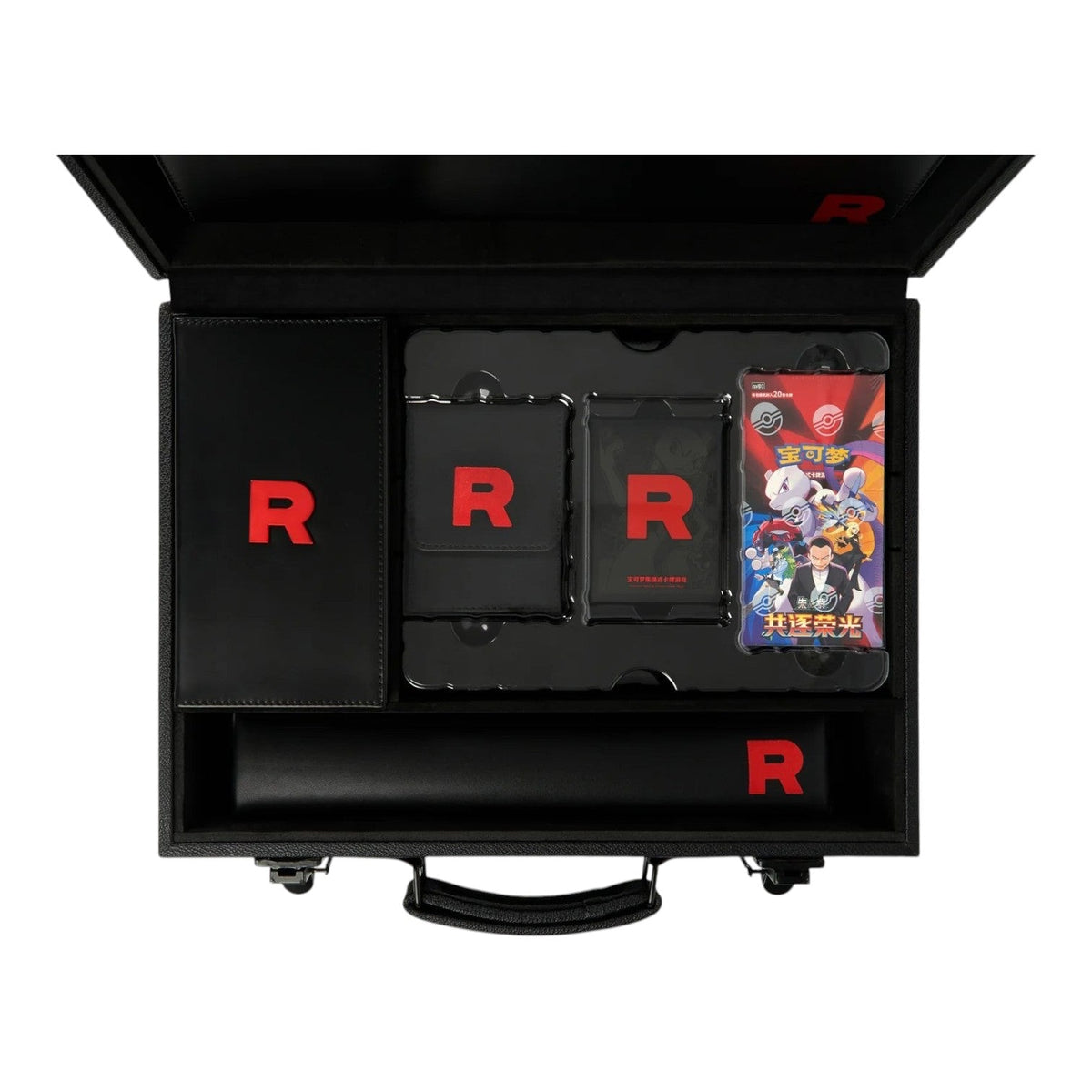 Team Rocket's Grand Scheme briefcase open with Pokémon TCG accessories and booster packs inside