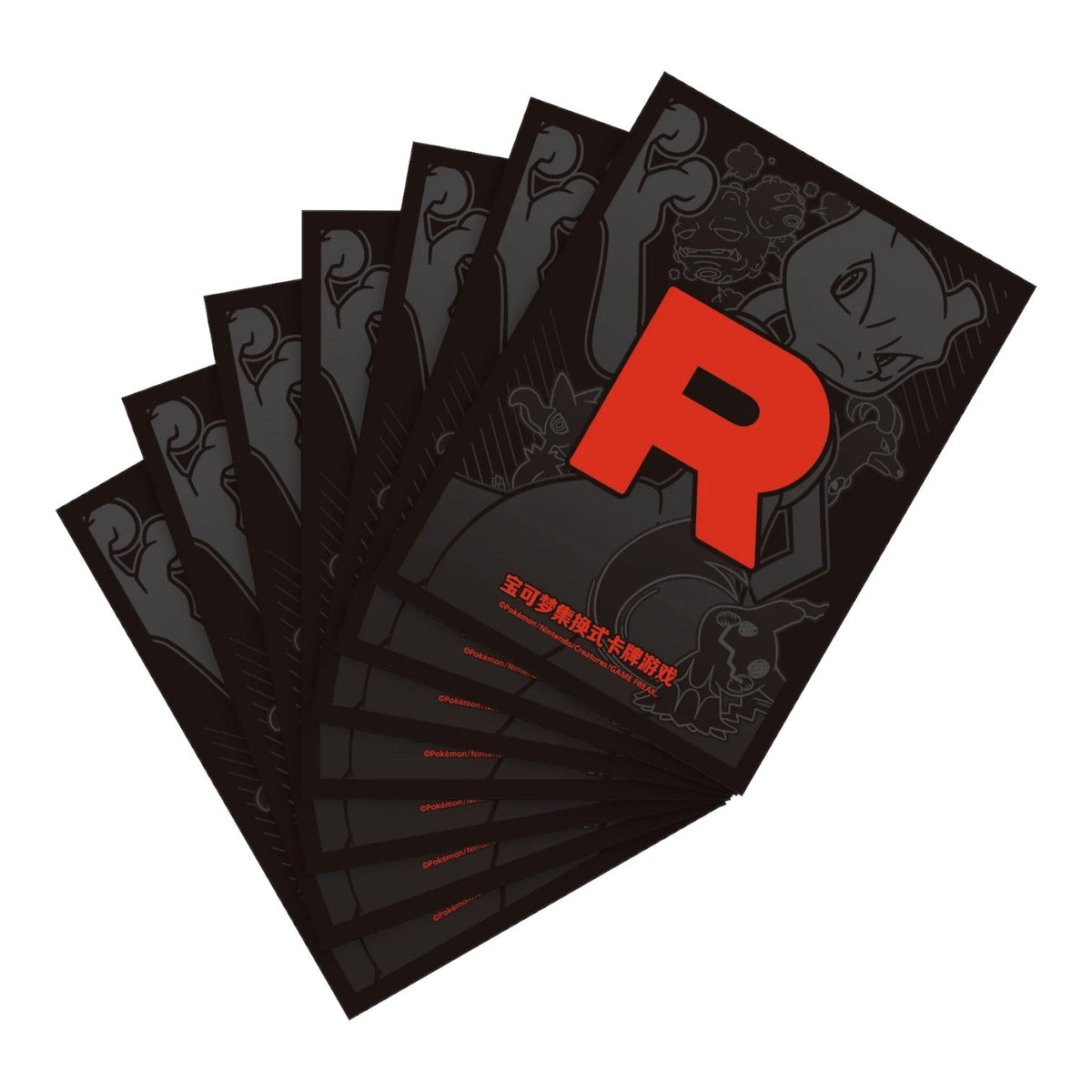 Team Rocket art card sleeves in black with a red R logo and Mewtwo artwork