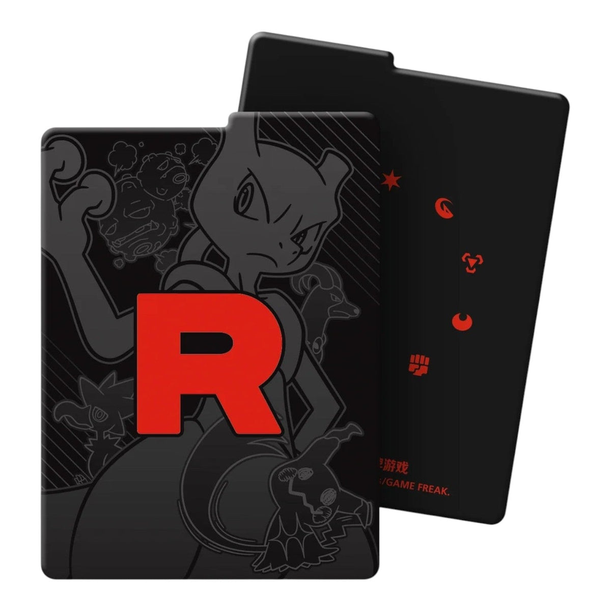 Team Rocket themed black deck box with a red R logo and a Mewtwo illustration