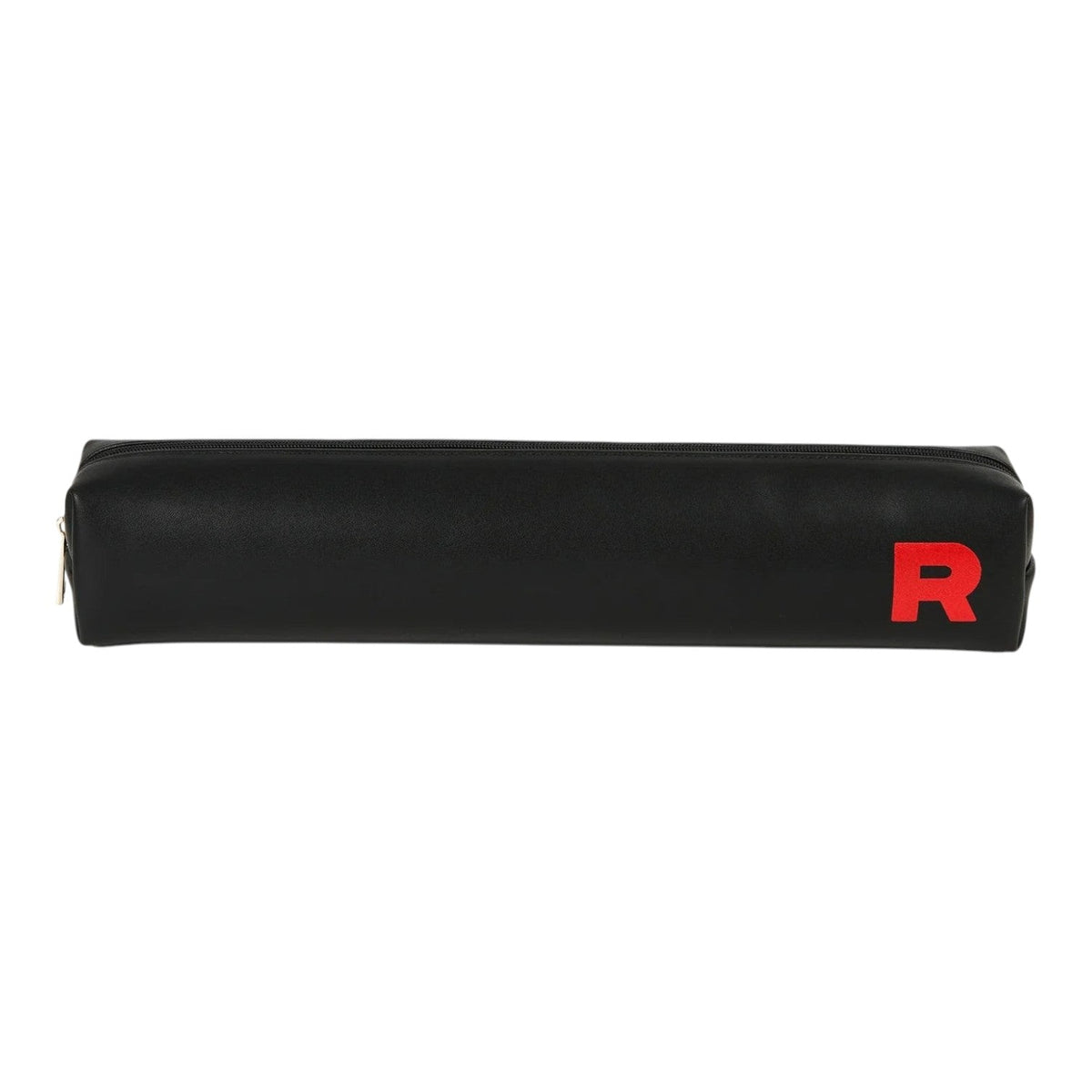 Black faux-leather Team Rocket pencil case with a red R logo from the gift box