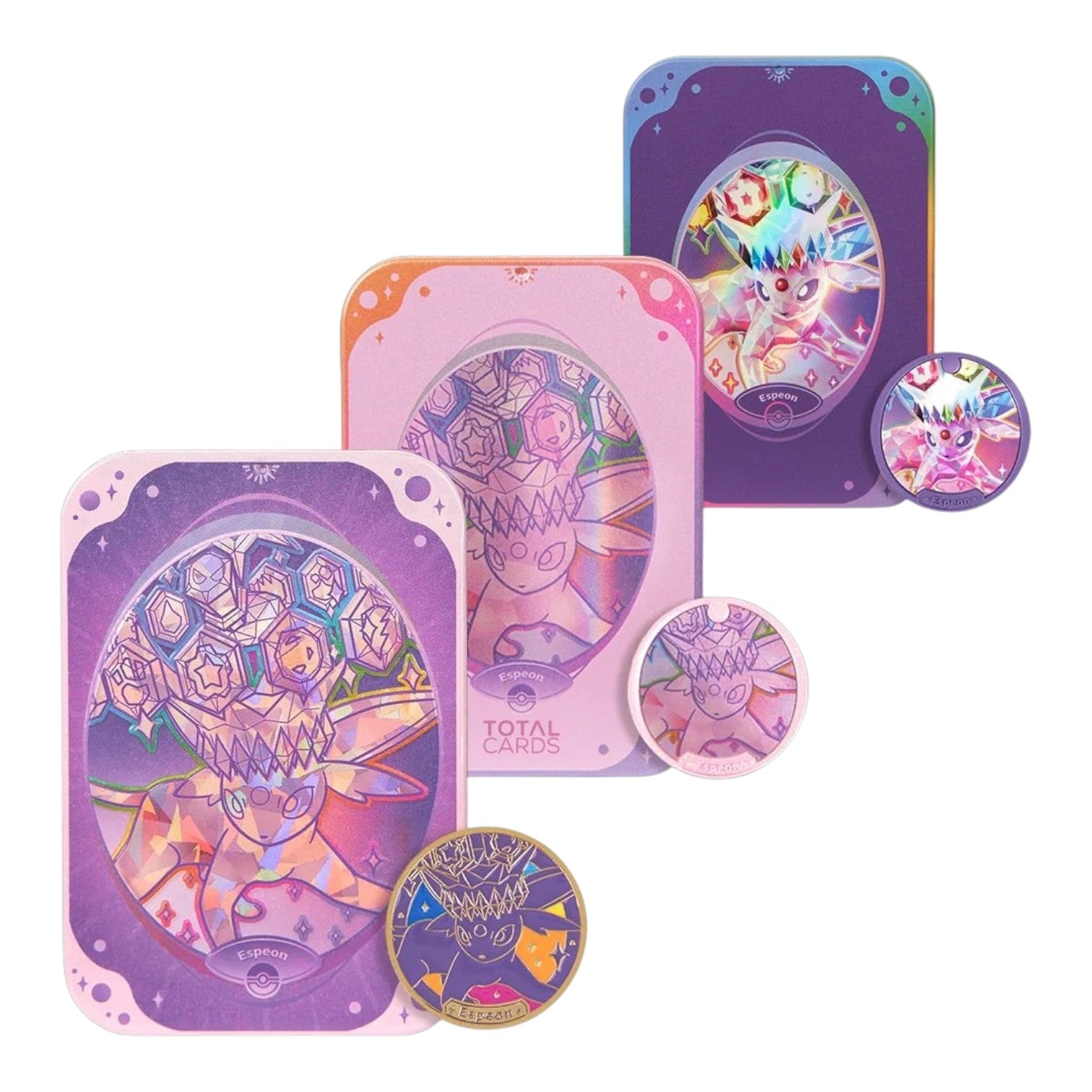 Terastal Grand Gathering Espeon accessory box contents: two booster packs, storage box and metal coin