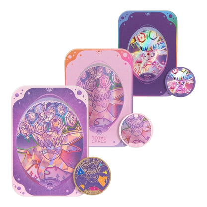 Terastal Grand Gathering Espeon accessory box contents: two booster packs, storage box and metal coin
