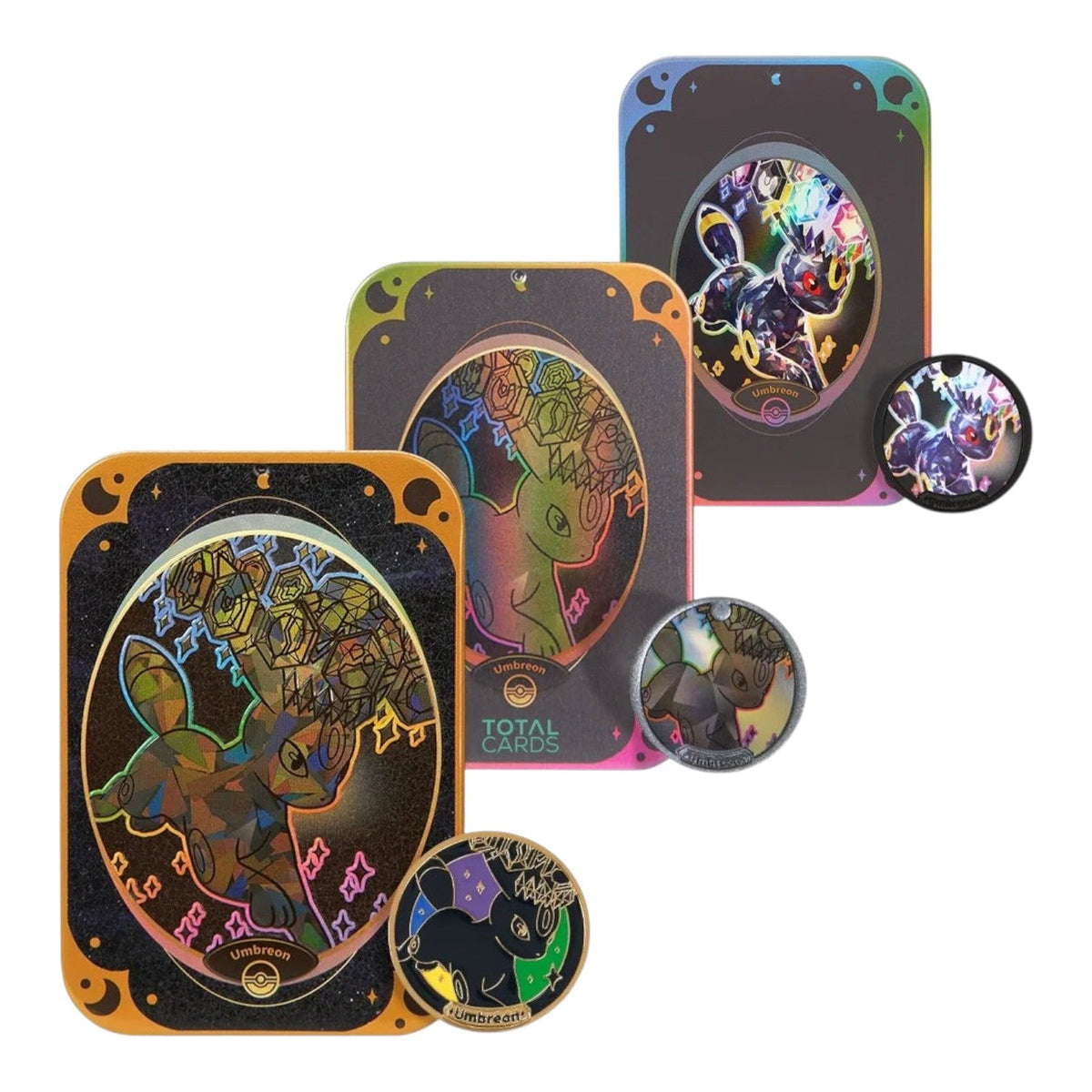 Terastal Grand Gathering Umbreon accessory box contents: two booster packs, storage box and metal coin