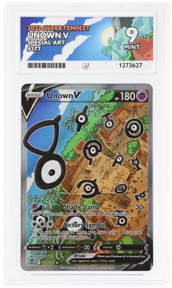 Unown V 177/195 Special Art, 2022 Silver Tempest, ACE 9 MINT graded slab, front, cert 1273627