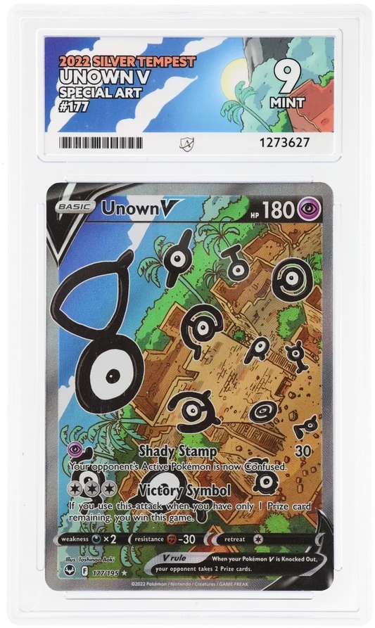 Unown V 177/195 Special Art, 2022 Silver Tempest, ACE 9 MINT graded slab, front, cert 1273627