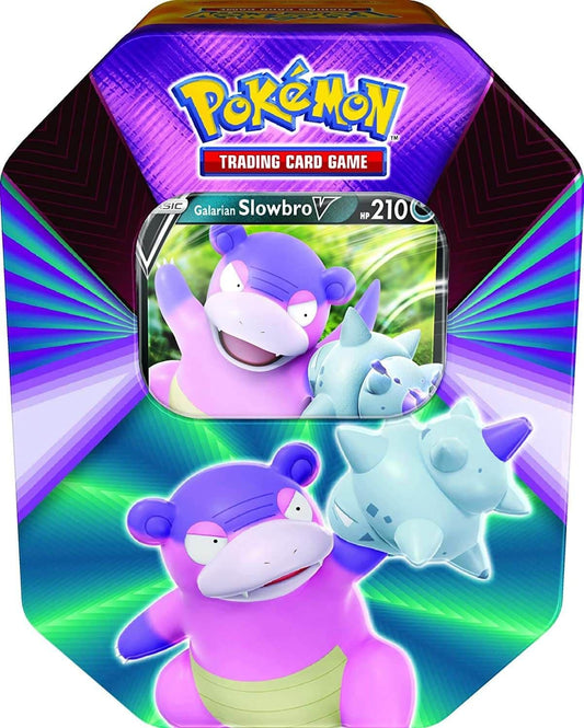 Pokémon TCG V Forces collector tin featuring Galarian Slowbro V shown front-on