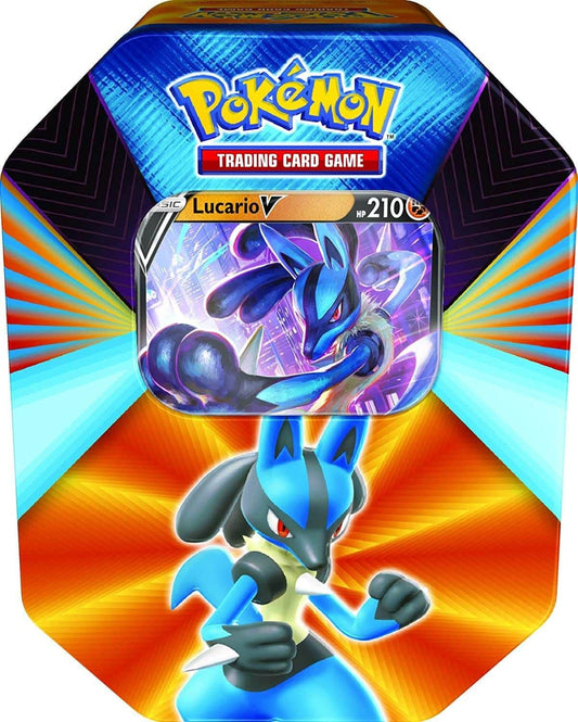 Pokémon V Forces collector tin with Lucario artwork on the lid