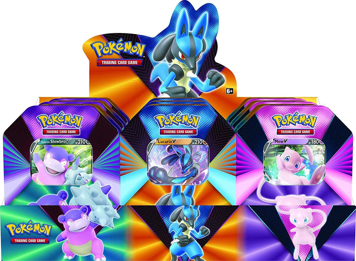 Pokémon V Forces Mew tin shown from a second angle with its printed artwork