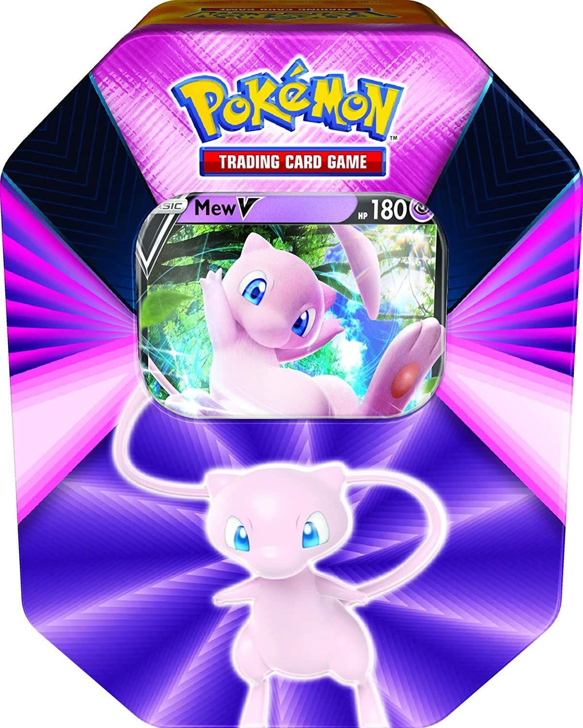 Pokémon TCG V Forces collector's tin featuring Mew V, shown front-on and sealed