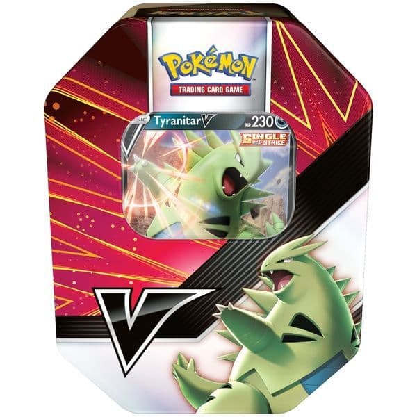 Pokémon TCG V Strikers collector tins featuring Tyranitar V and Empoleon V shown from an alternate angle