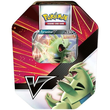 Pokémon TCG V Strikers collector tins featuring Tyranitar V and Empoleon V shown from an alternate angle
