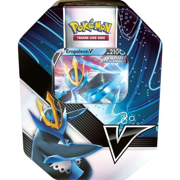 Pokémon TCG V Strikers collector tins featuring Tyranitar V and Empoleon V close-up packaging detail