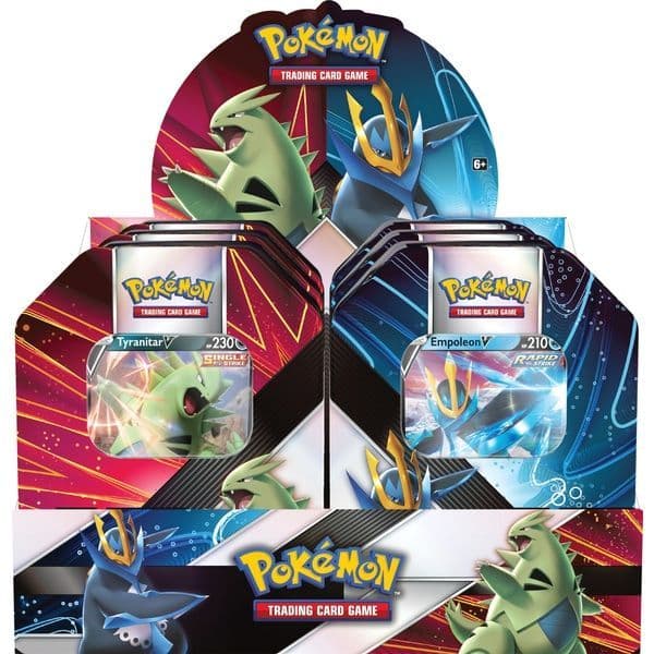 Pokémon TCG V Strikers collector tins featuring Tyranitar V and Empoleon V shown front-on