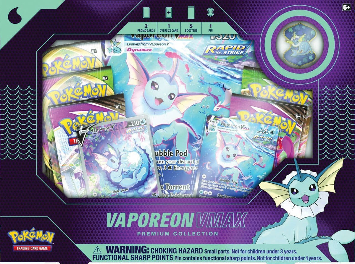 Pokémon TCG Vaporeon VMAX Premium Collection box shown from an alternate angle