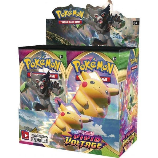 Pokémon Vivid Voltage booster box, sealed display from the Sword & Shield era
