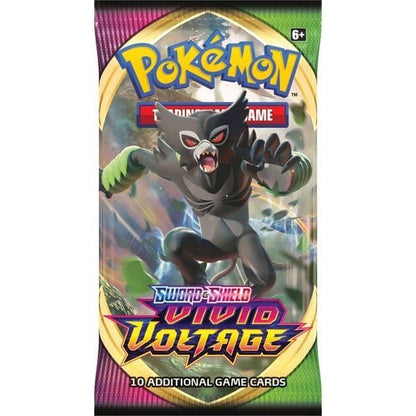 Rear of a Pokémon TCG Vivid Voltage booster pack showing product information
