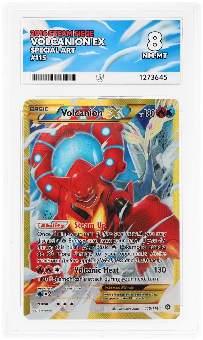 Volcanion EX 115/114 Special Art, 2016 Steam Siege, ACE 8 NM-MT graded slab, front, cert 1273645