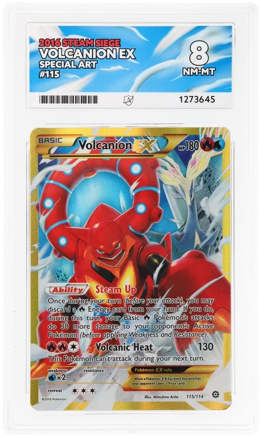 Volcanion EX 115/114 Special Art, 2016 Steam Siege, ACE 8 NM-MT graded slab, front, cert 1273645