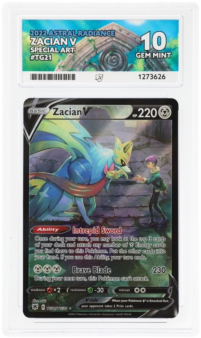 Zacian V TG21/TG30 Special Art, 2022 Astral Radiance, ACE 10 GEM MINT graded slab, front, cert 1273626