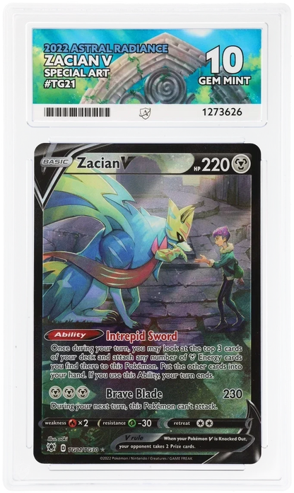 Zacian V TG21/TG30 Special Art, 2022 Astral Radiance, ACE 10 GEM MINT graded slab, front, cert 1273626