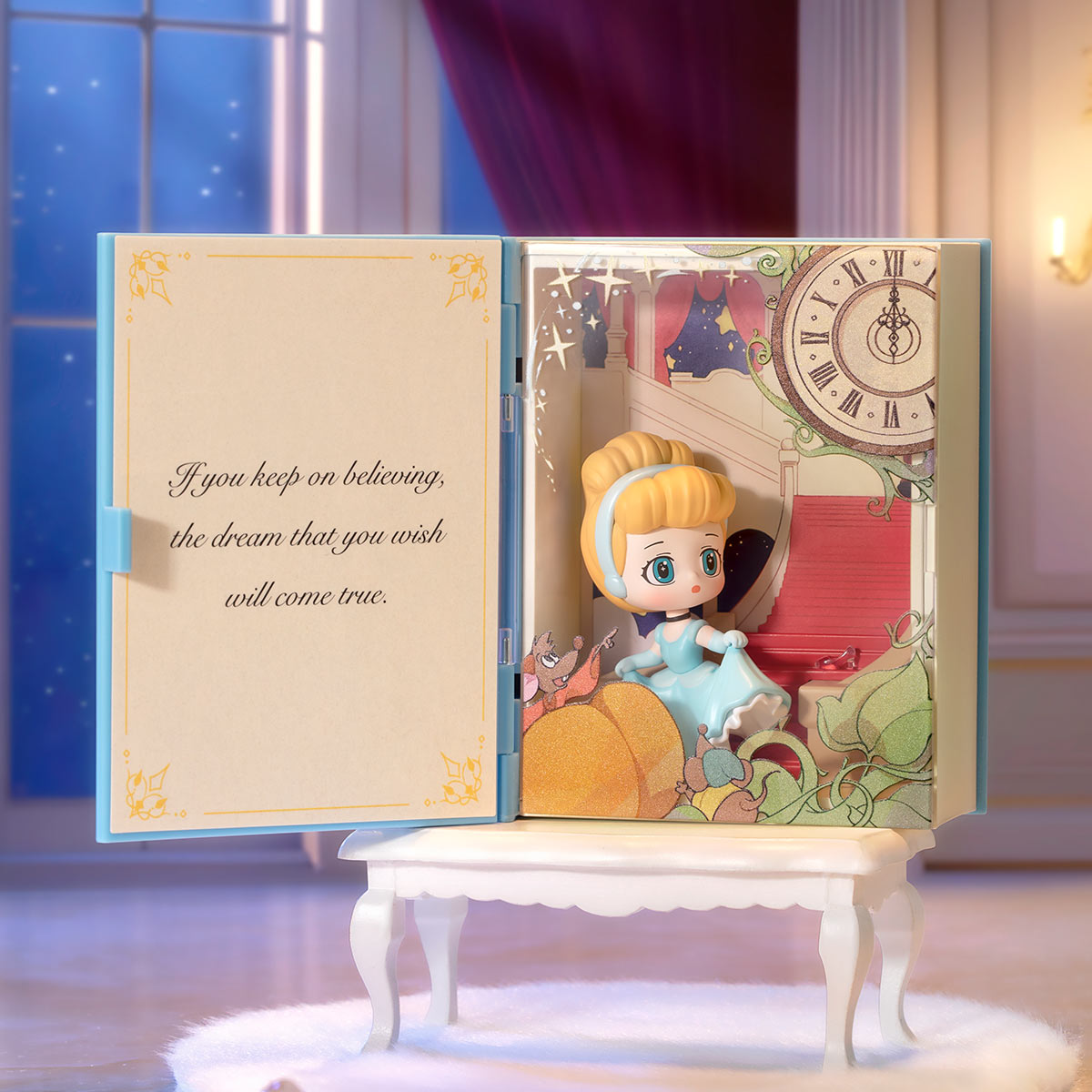 Cinderella storybook scene set open on display, from the POP MART Disney Princess's Fairy Tales blind box series