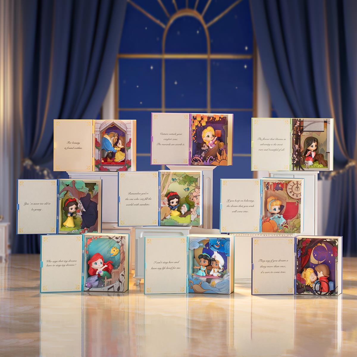 All the storybook scene sets in the POP MART Disney Princess's Fairy Tales series displayed together