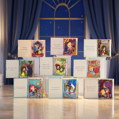 All the storybook scene sets in the POP MART Disney Princess's Fairy Tales series displayed together