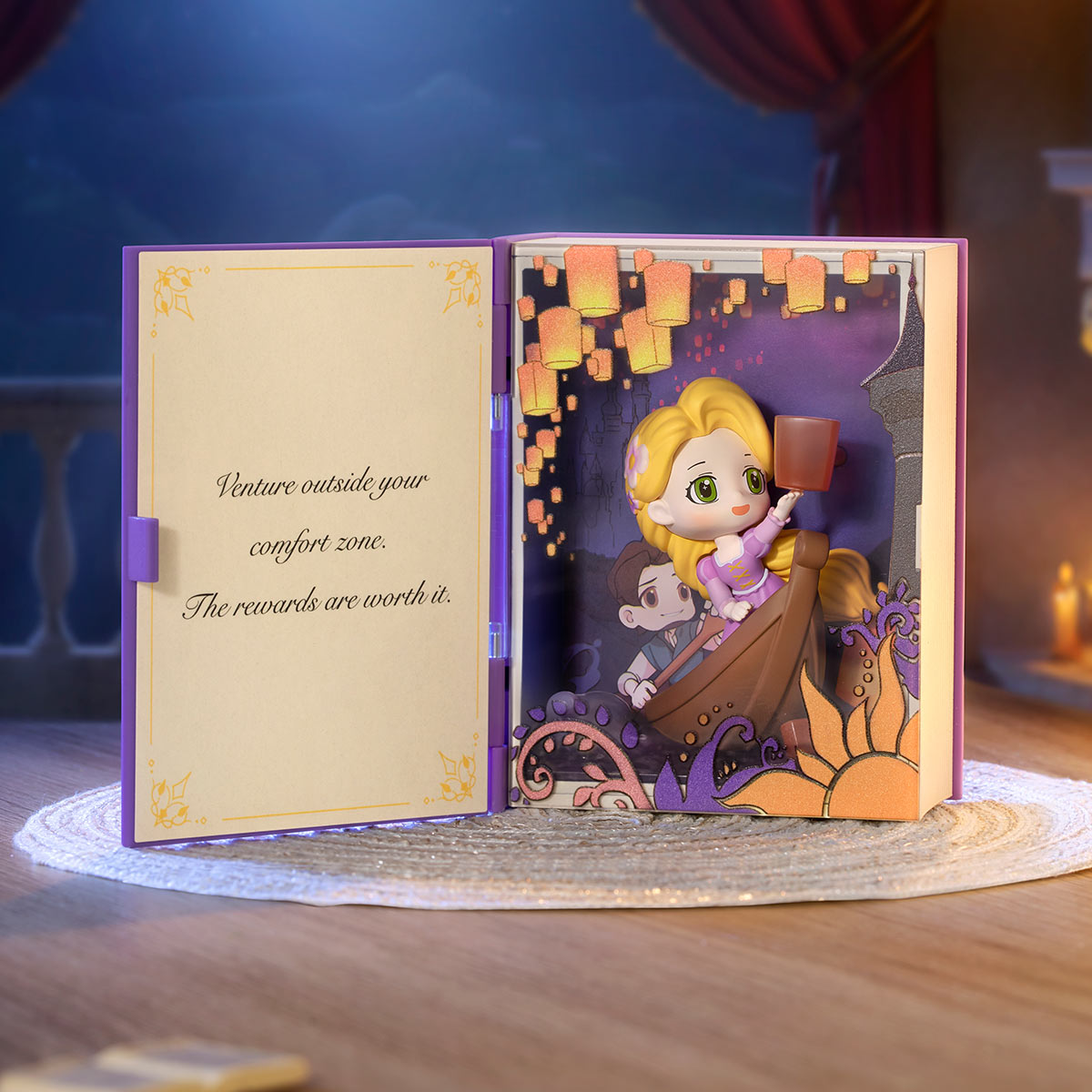 Rapunzel storybook scene set open on display, from the POP MART Disney Princess's Fairy Tales blind box series