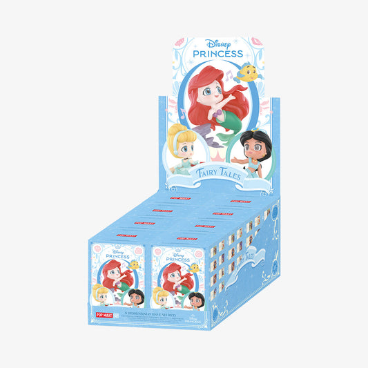 POP MART Disney Princess's Fairy Tales display case holding eight sealed blind boxes