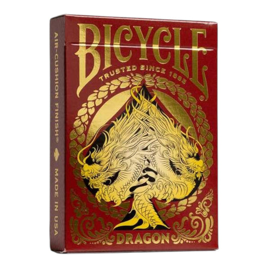 RichRevived Bicycle Red Dragon playing cards deck featuring a gold foil dragon design on a crimson red box