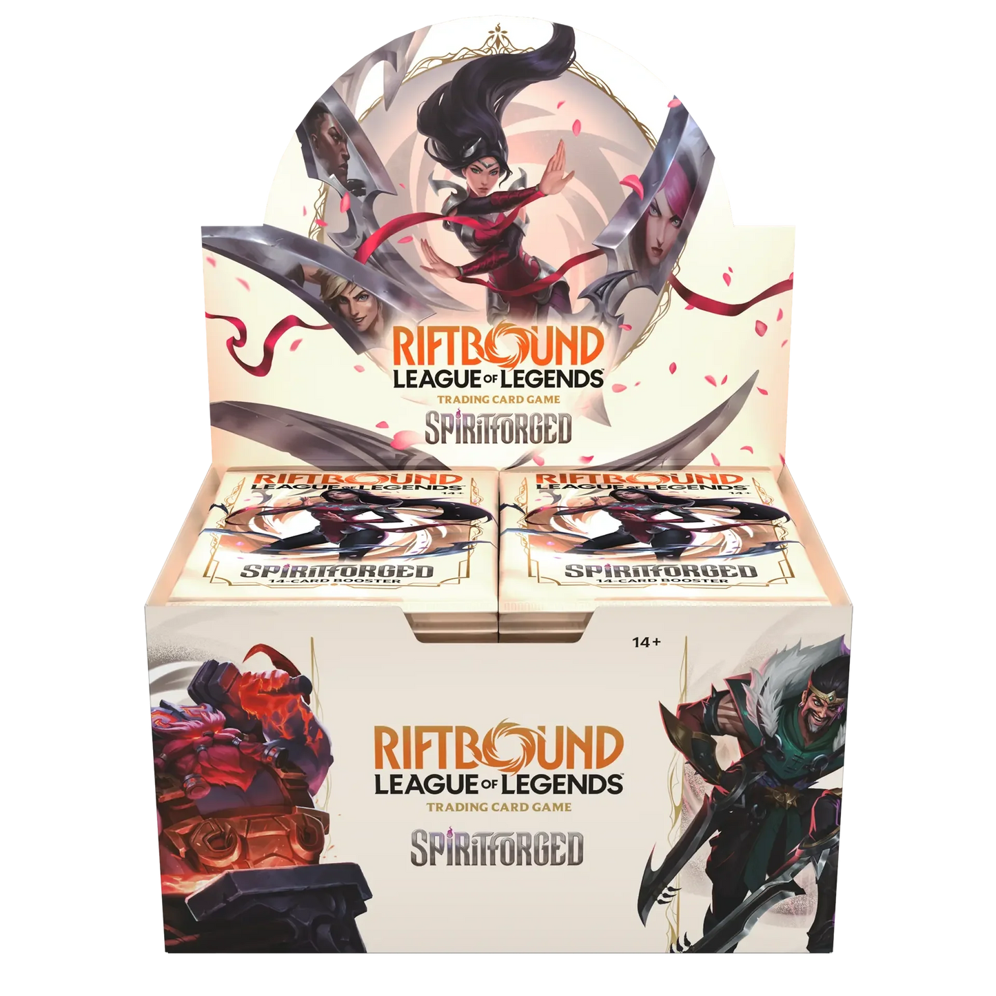 Riftbound League of Legends Spiritforged English booster box display with the set's cover art