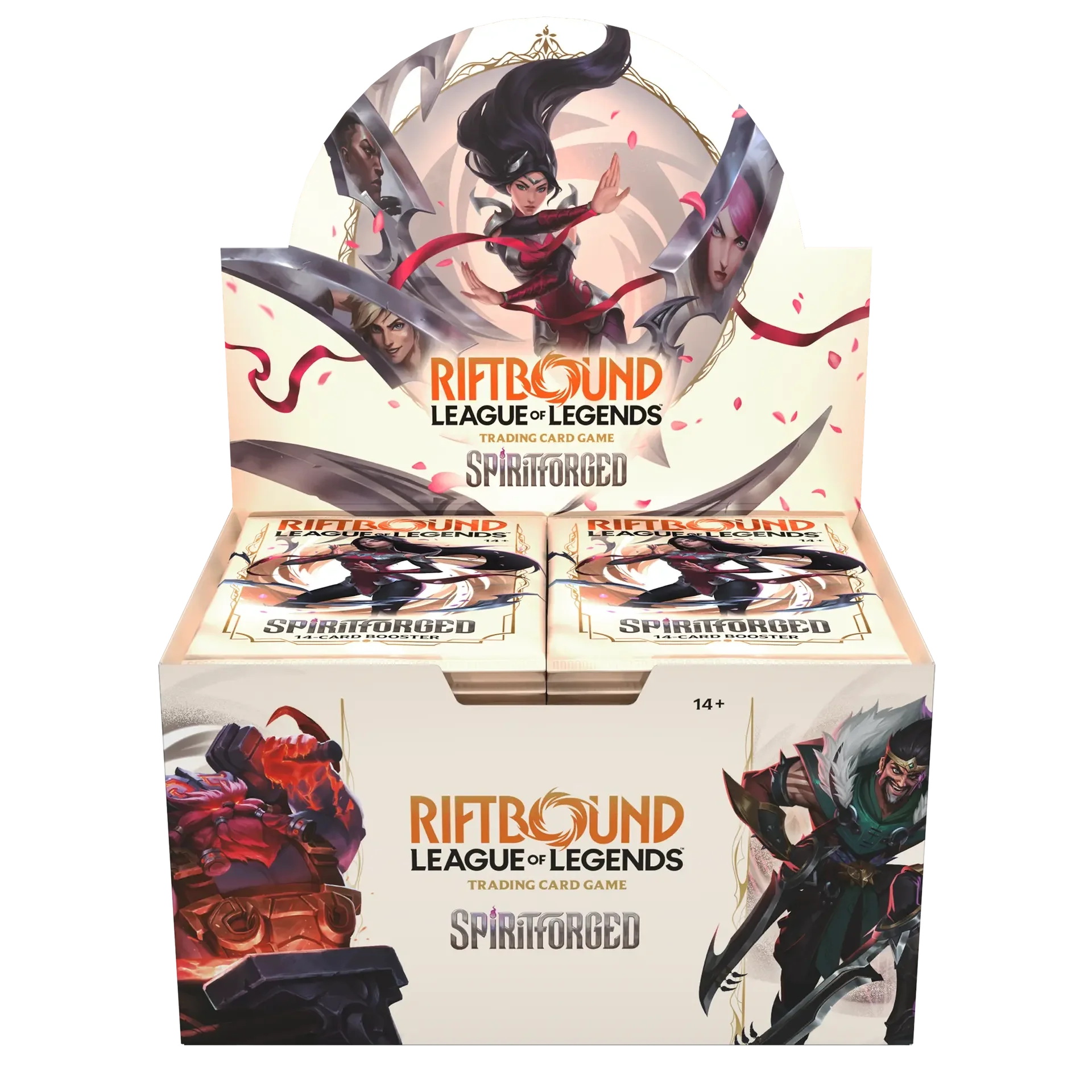 Riftbound League of Legends Spiritforged English booster box display with the set's cover art
